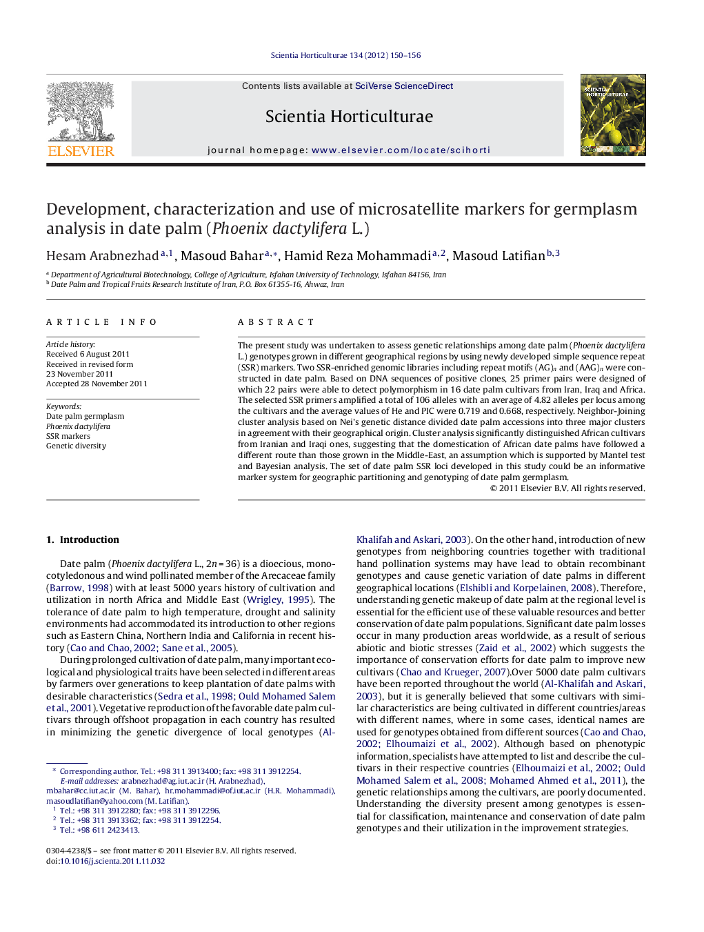 Development, characterization and use of microsatellite markers for germplasm analysis in date palm (Phoenix dactylifera L.)