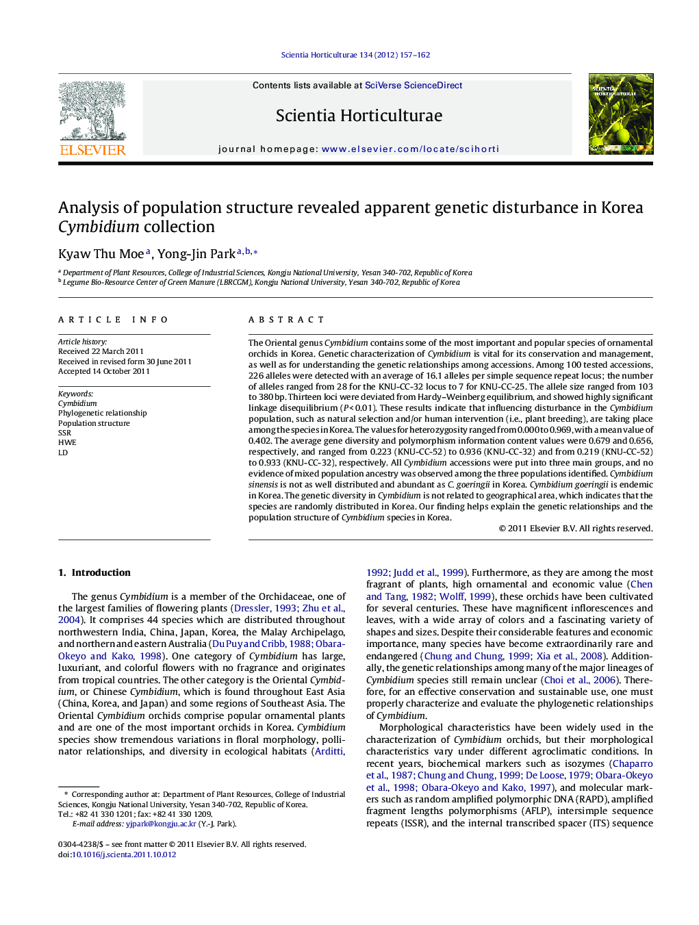 Analysis of population structure revealed apparent genetic disturbance in Korea Cymbidium collection