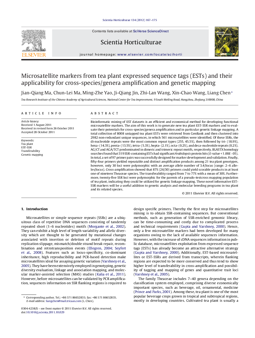 Microsatellite markers from tea plant expressed sequence tags (ESTs) and their applicability for cross-species/genera amplification and genetic mapping