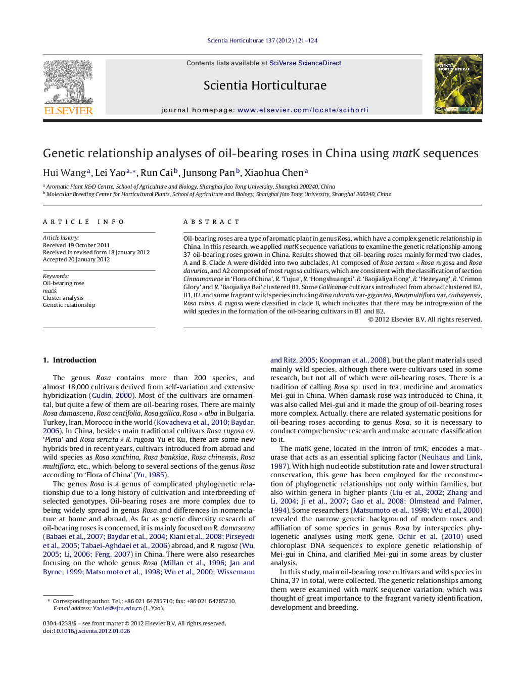 Genetic relationship analyses of oil-bearing roses in China using matK sequences