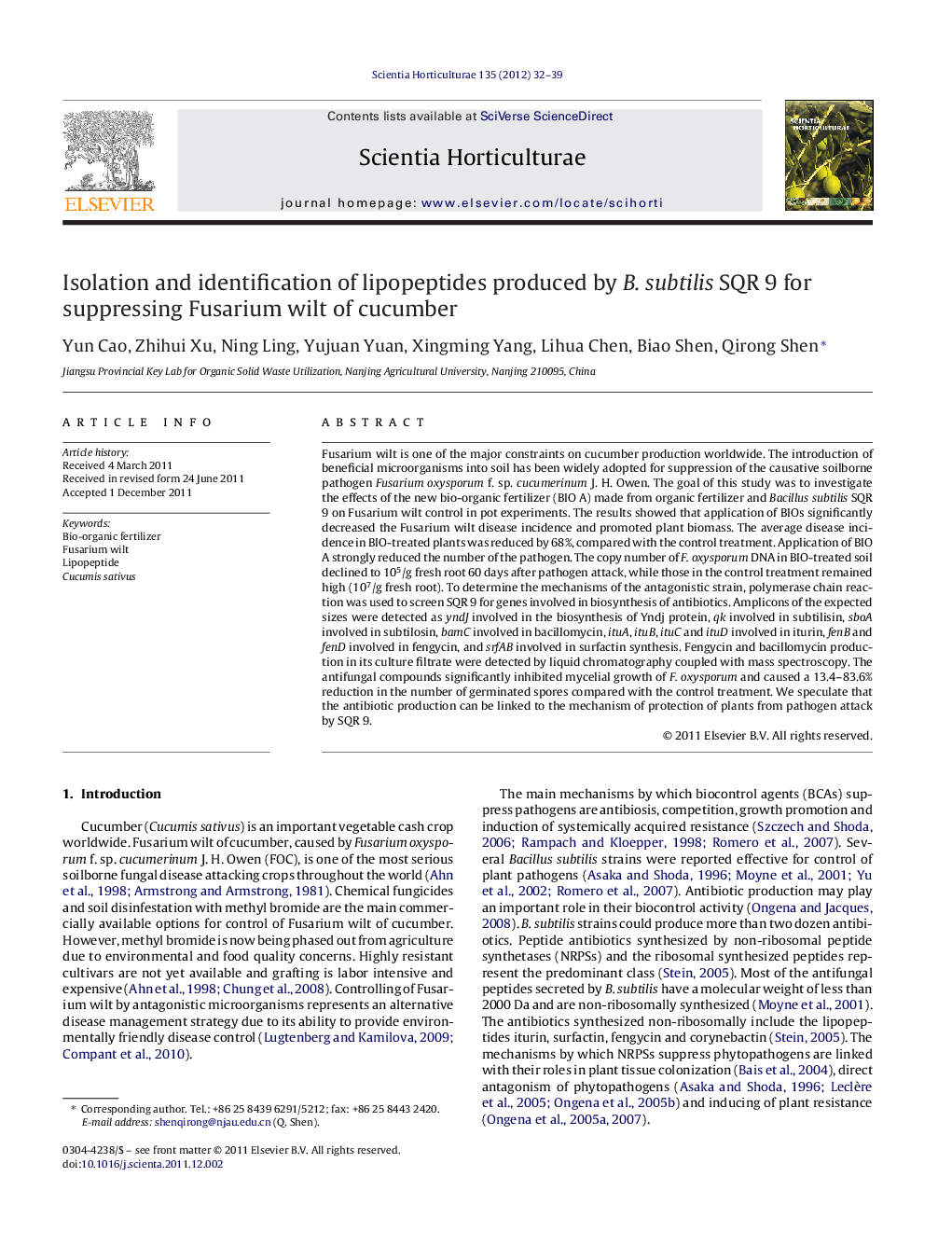 Isolation and identification of lipopeptides produced by B. subtilis SQR 9 for suppressing Fusarium wilt of cucumber