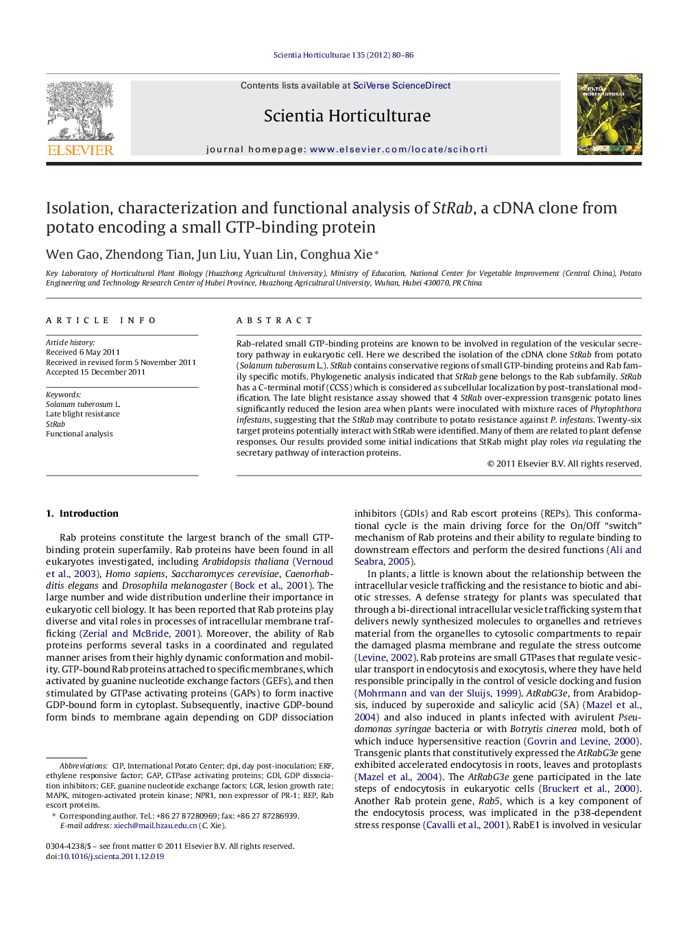 Isolation, characterization and functional analysis of StRab, a cDNA clone from potato encoding a small GTP-binding protein