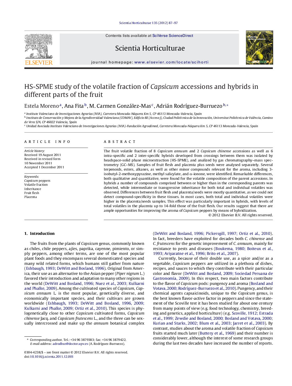 HS-SPME study of the volatile fraction of Capsicum accessions and hybrids in different parts of the fruit