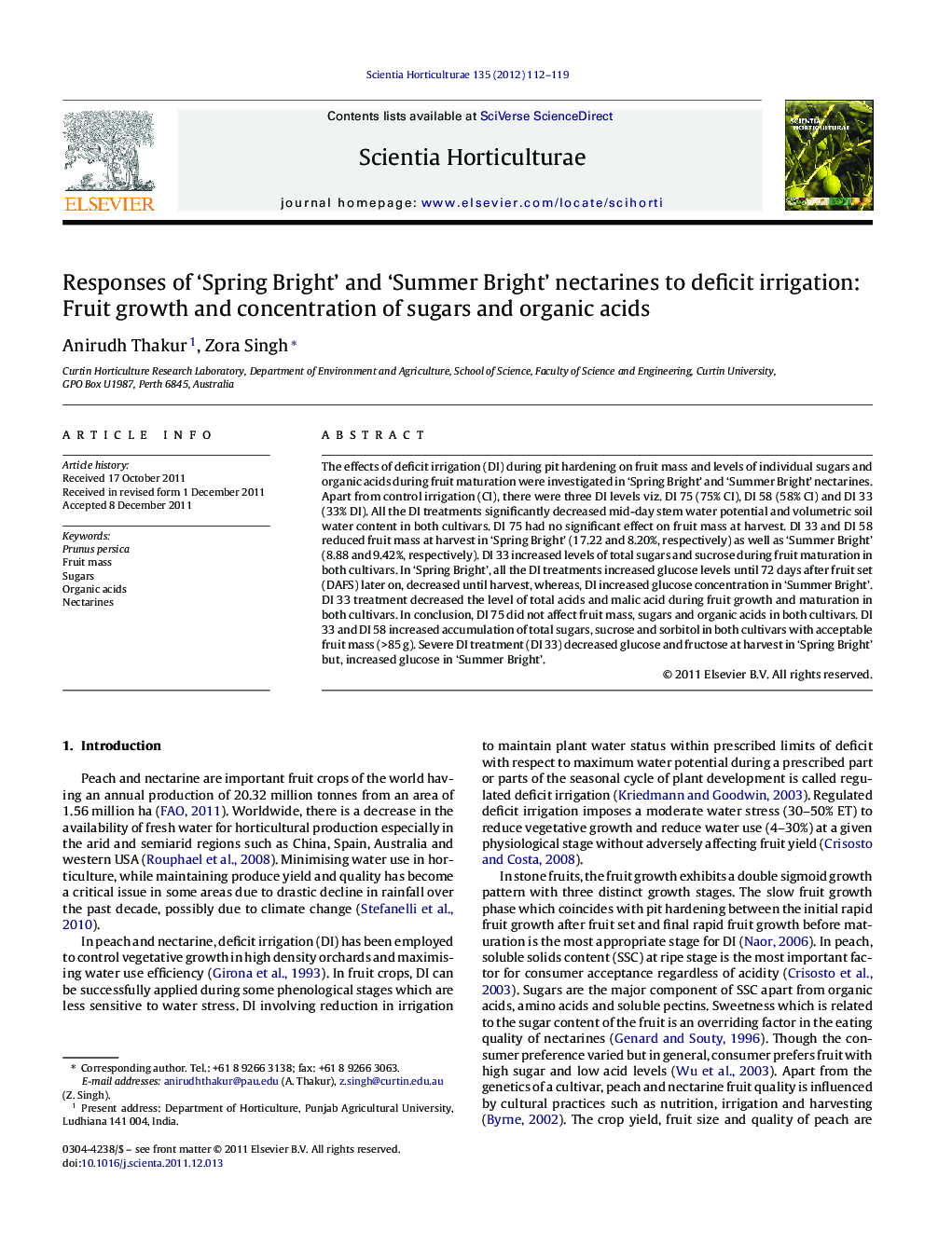 Responses of ‘Spring Bright’ and ‘Summer Bright’ nectarines to deficit irrigation: Fruit growth and concentration of sugars and organic acids