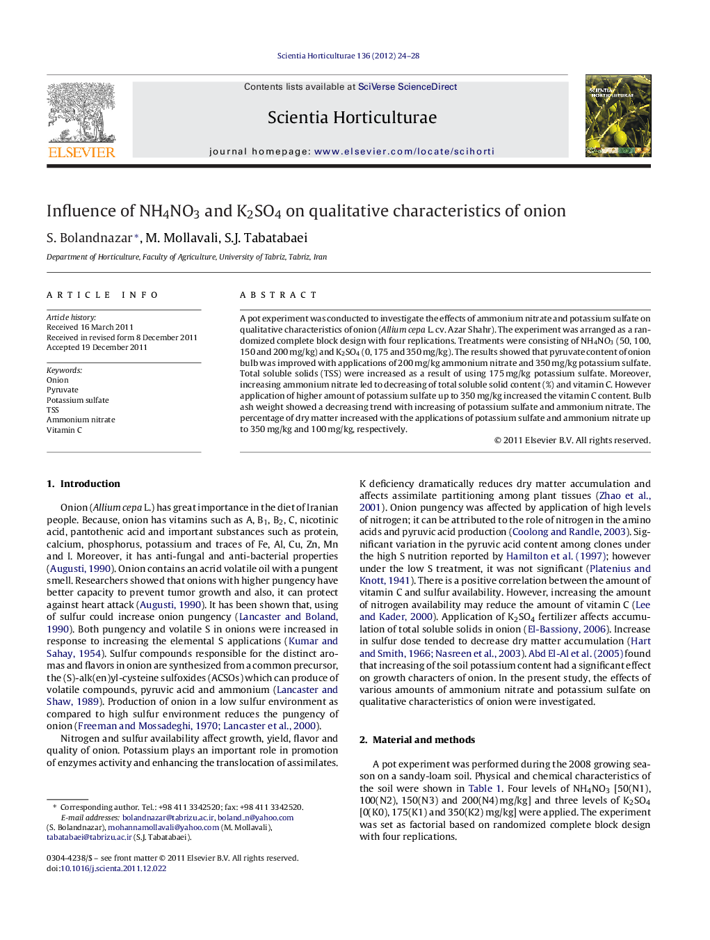 Influence of NH4NO3 and K2SO4 on qualitative characteristics of onion