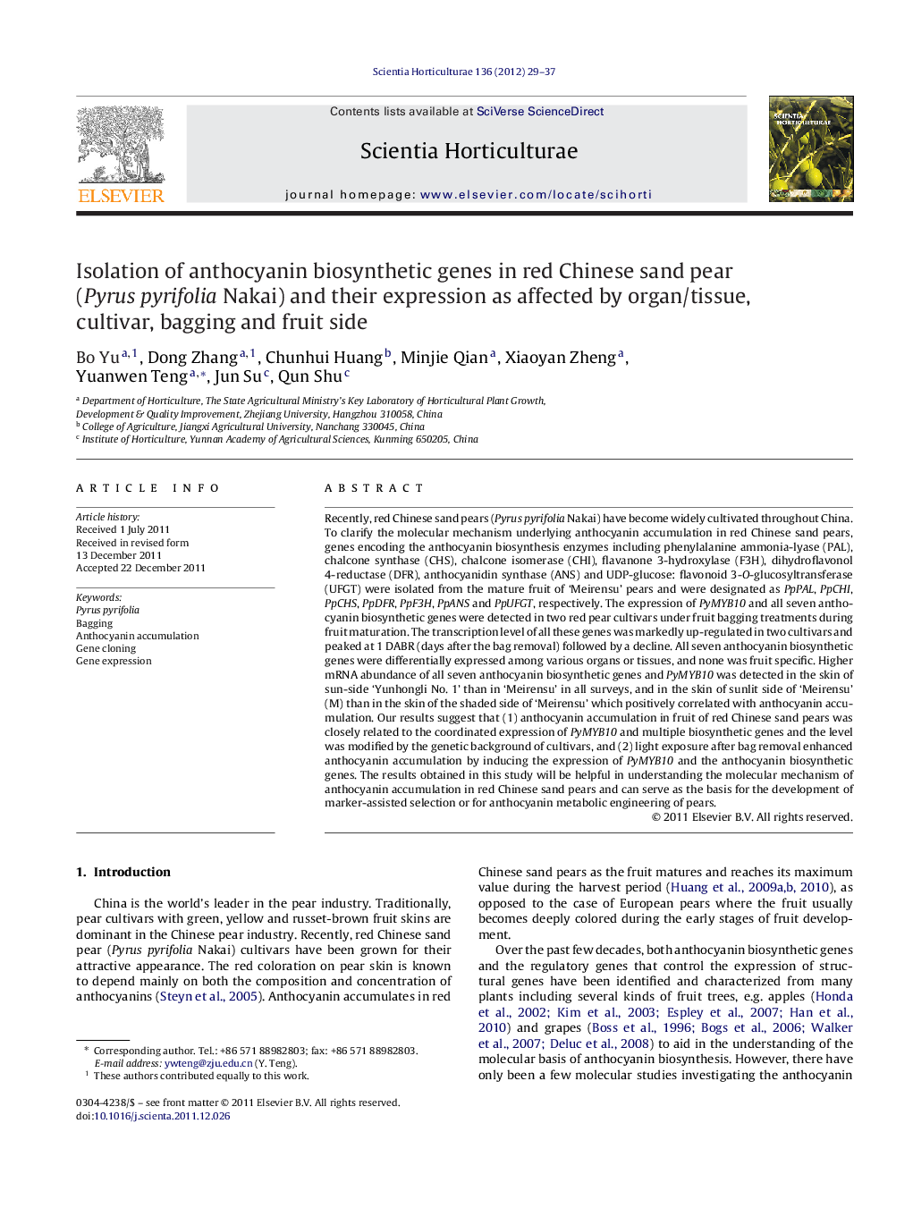 Isolation of anthocyanin biosynthetic genes in red Chinese sand pear (Pyrus pyrifolia Nakai) and their expression as affected by organ/tissue, cultivar, bagging and fruit side