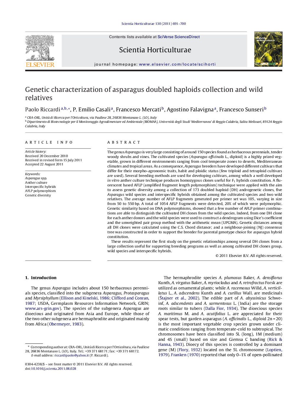 Genetic characterization of asparagus doubled haploids collection and wild relatives