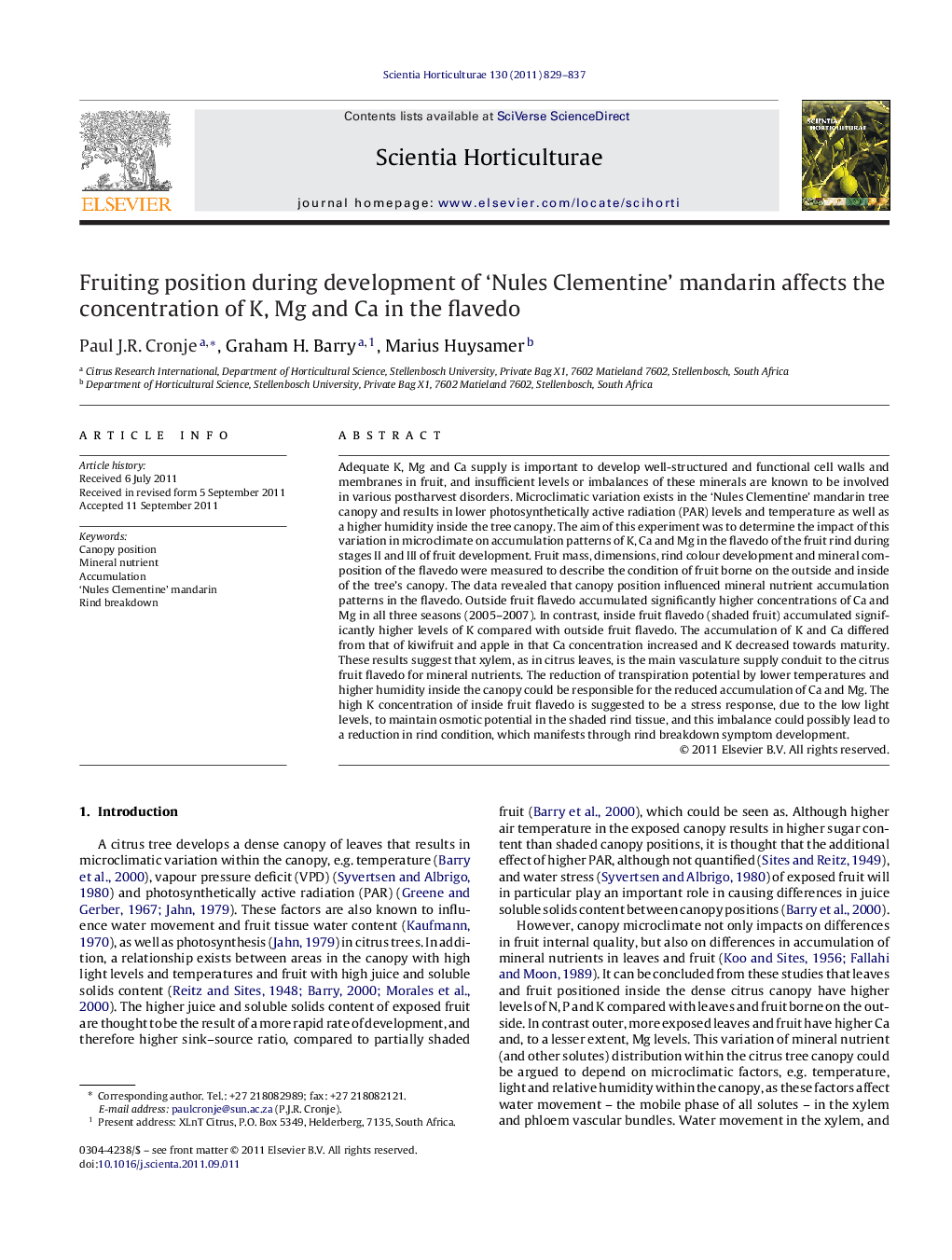 Fruiting position during development of ‘Nules Clementine’ mandarin affects the concentration of K, Mg and Ca in the flavedo