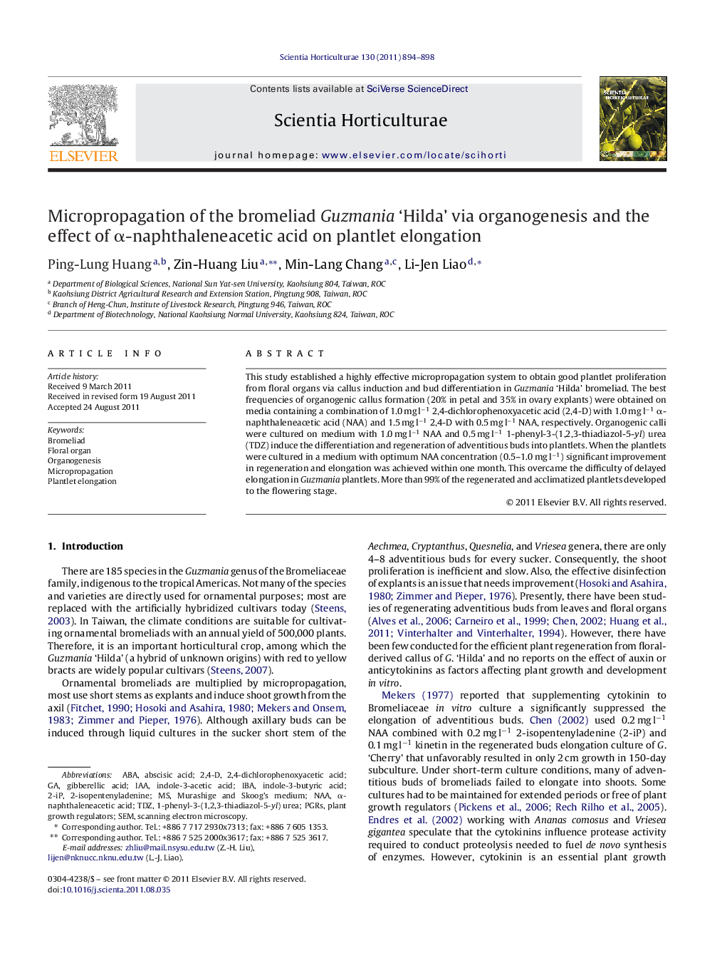 Micropropagation of the bromeliad Guzmania ‘Hilda’ via organogenesis and the effect of α-naphthaleneacetic acid on plantlet elongation