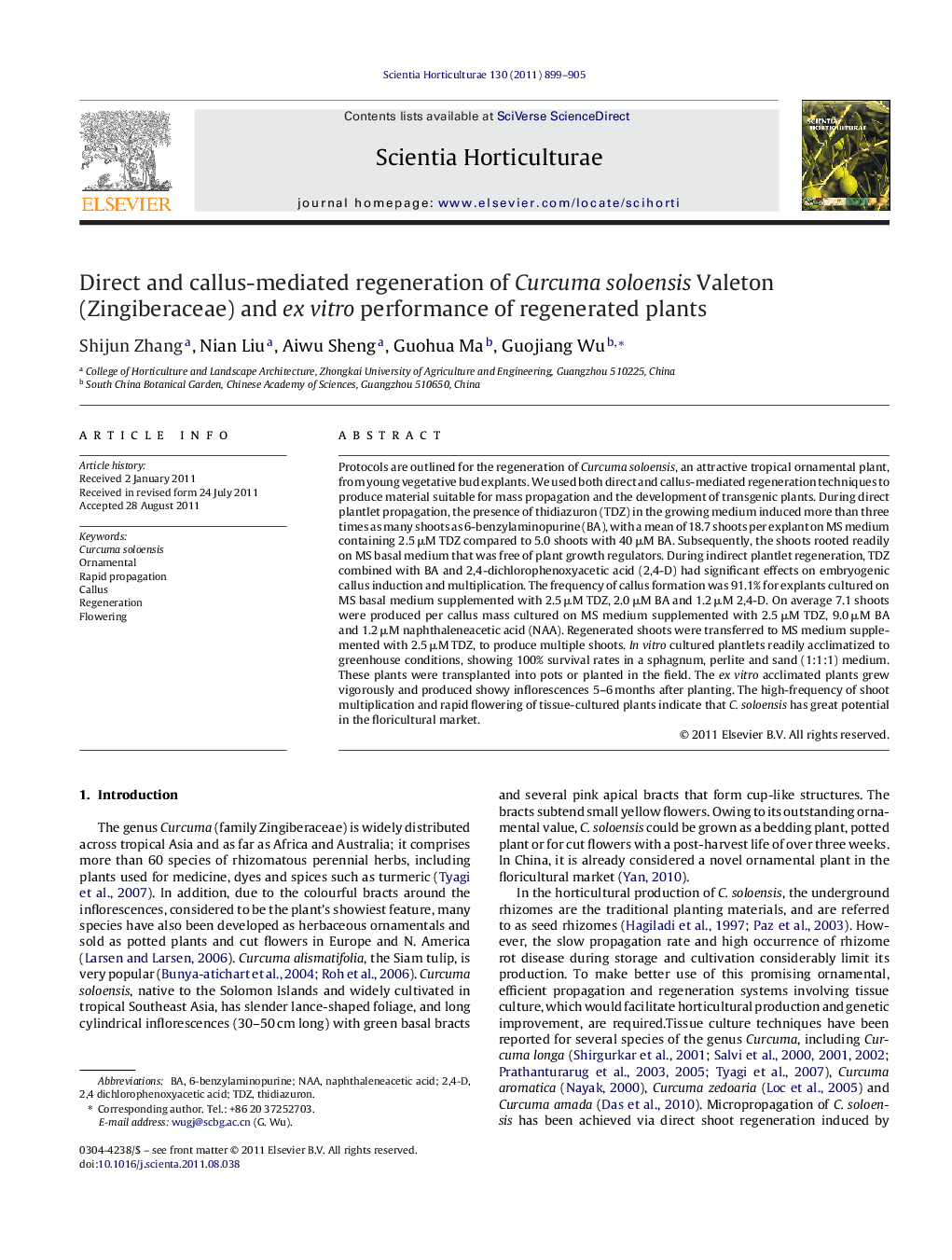 عکس صفحه اول مقاله: Direct and callus-mediated regeneration of Curcuma soloensis Valeton (Zingiberaceae) and ex vitro performance of regenerated plants Direct and callus-mediated regeneration of Curcuma soloensis Valeton (Zingiberaceae) and ex vitro performance of regenerated plants