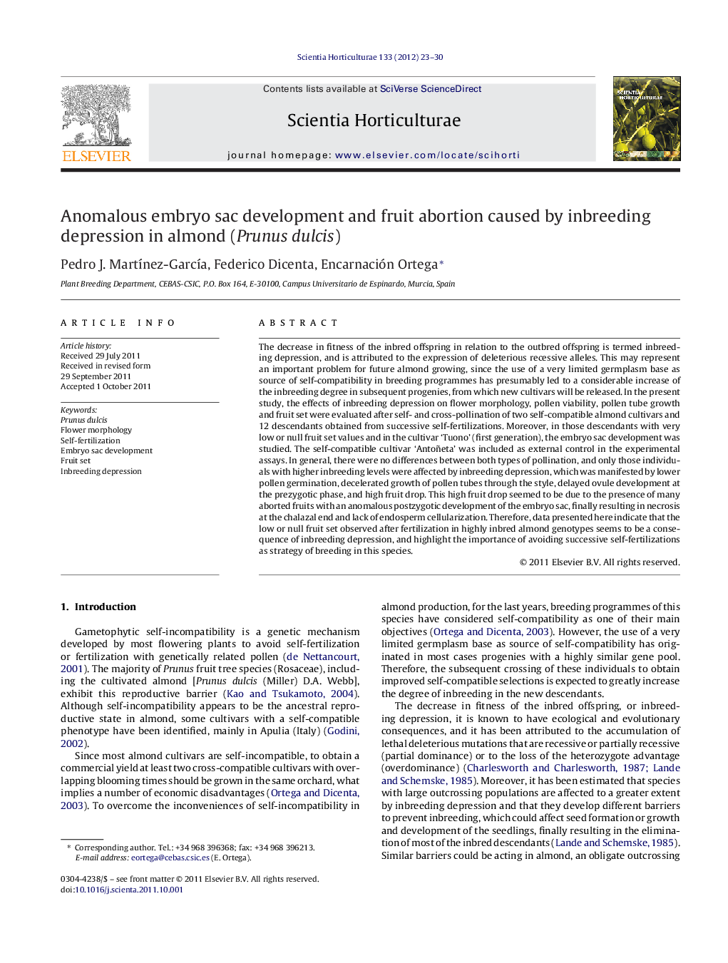 Anomalous embryo sac development and fruit abortion caused by inbreeding depression in almond (Prunus dulcis)