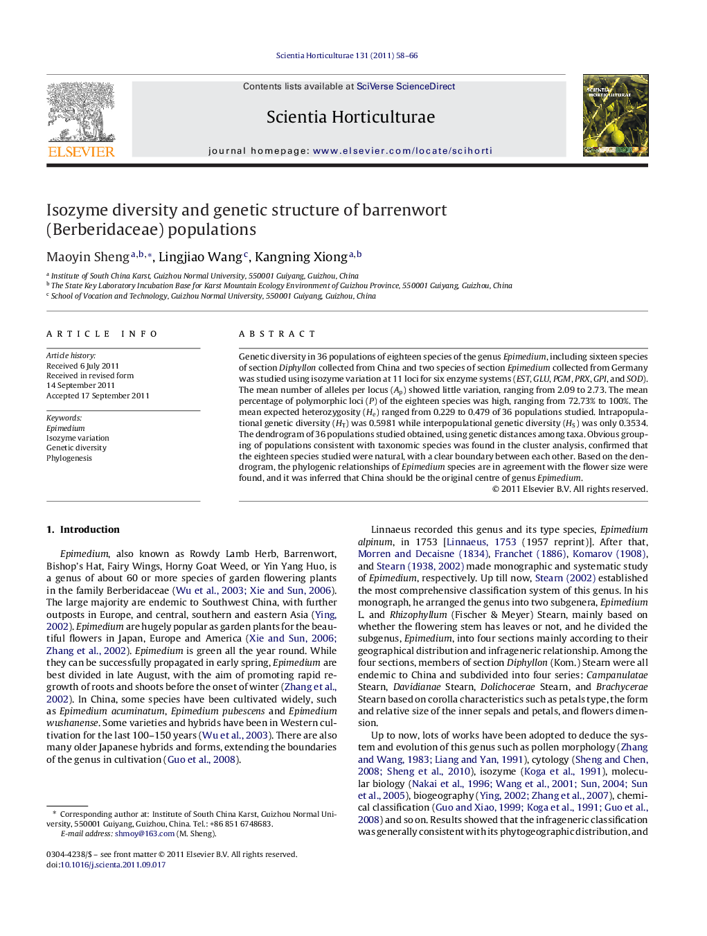 Isozyme diversity and genetic structure of barrenwort (Berberidaceae) populations