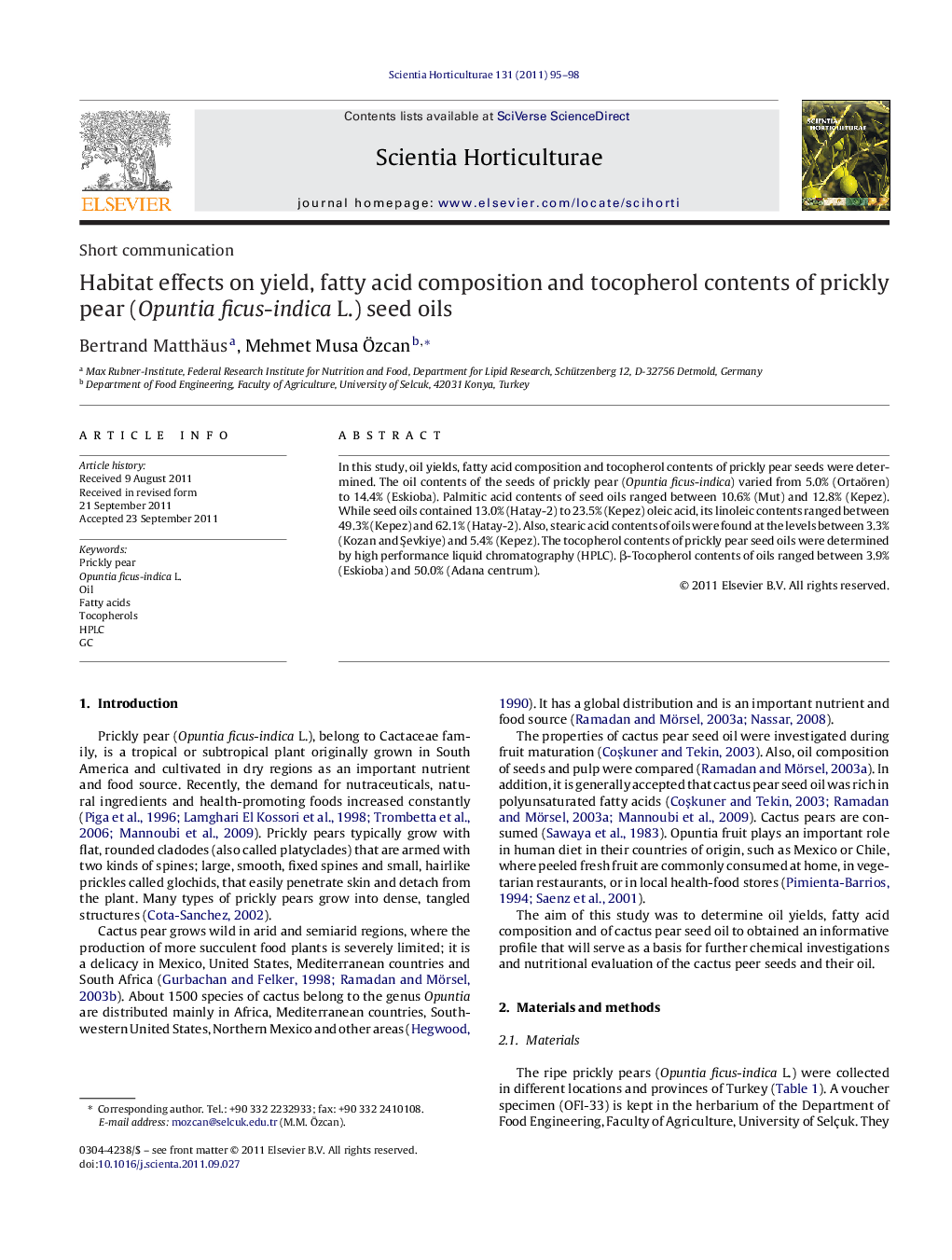 Habitat effects on yield, fatty acid composition and tocopherol contents of prickly pear (Opuntia ficus-indica L.) seed oils