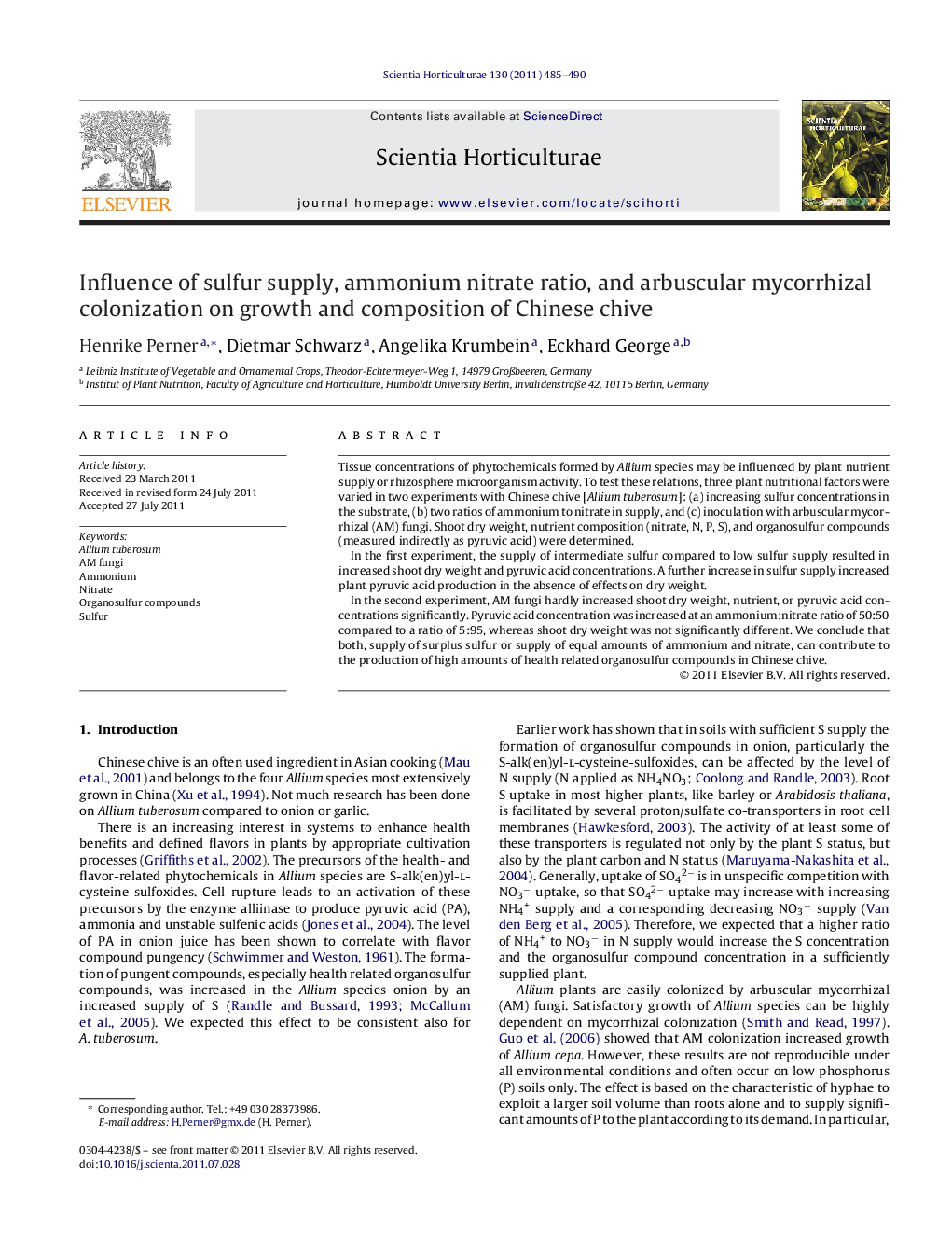 Influence of sulfur supply, ammonium nitrate ratio, and arbuscular mycorrhizal colonization on growth and composition of Chinese chive