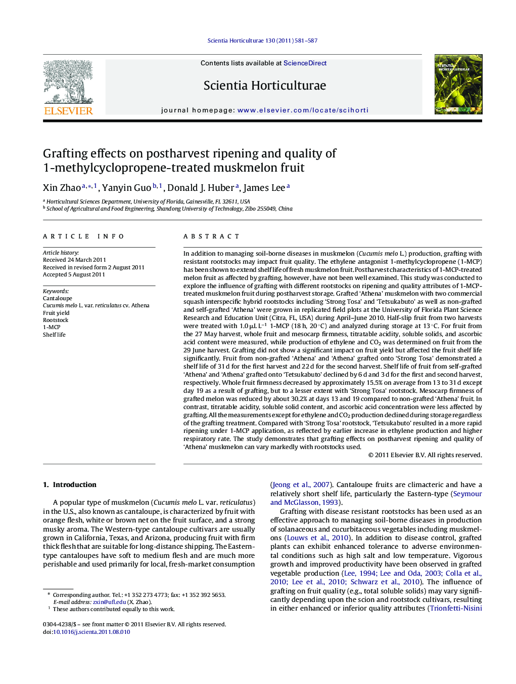 Grafting effects on postharvest ripening and quality of 1-methylcyclopropene-treated muskmelon fruit