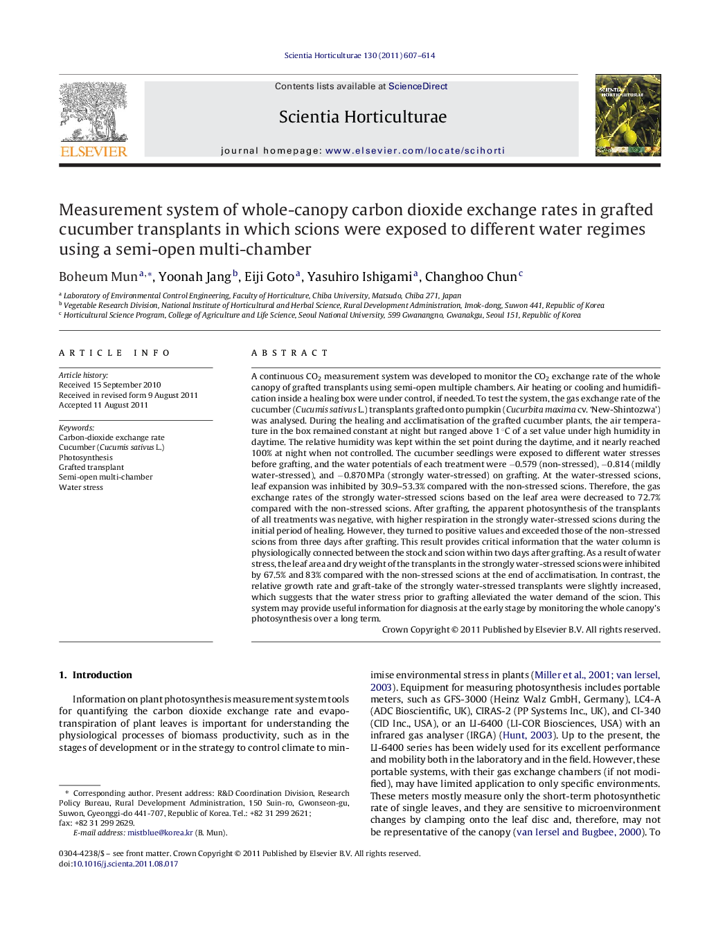 عکس صفحه اول مقاله: Measurement system of whole-canopy carbon dioxide exchange rates in grafted cucumber transplants in which scions were exposed to different water regimes using a semi-open multi-chamber Measurement system of whole-canopy carbon dioxide exchange rates in grafted cucumber transplants in which scions were exposed to different water regimes using a semi-open multi-chamber