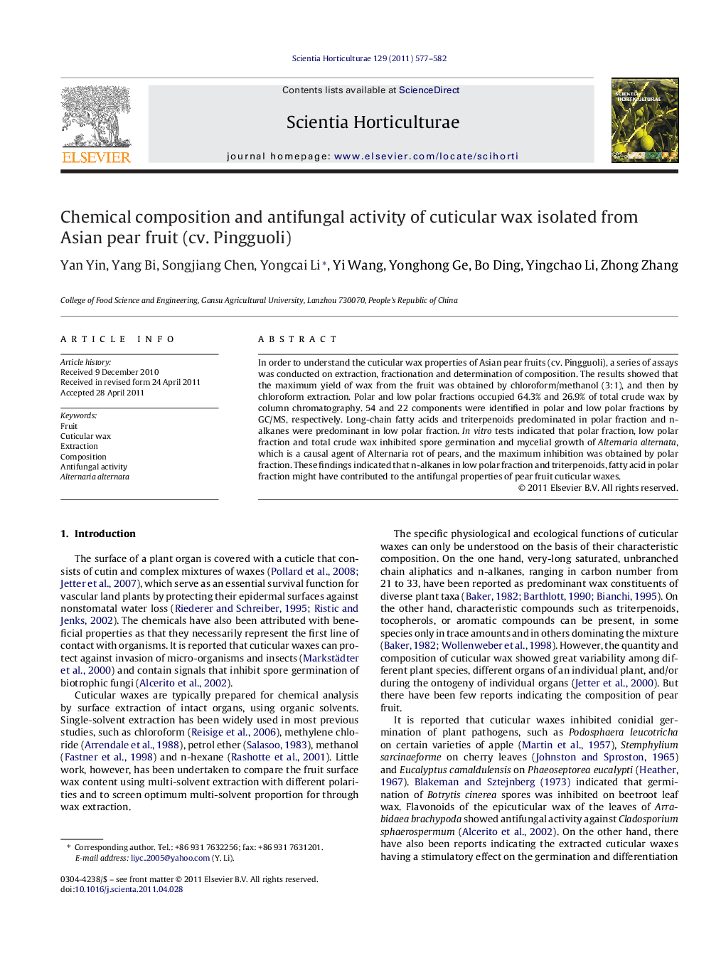 Chemical composition and antifungal activity of cuticular wax isolated from Asian pear fruit (cv. Pingguoli)