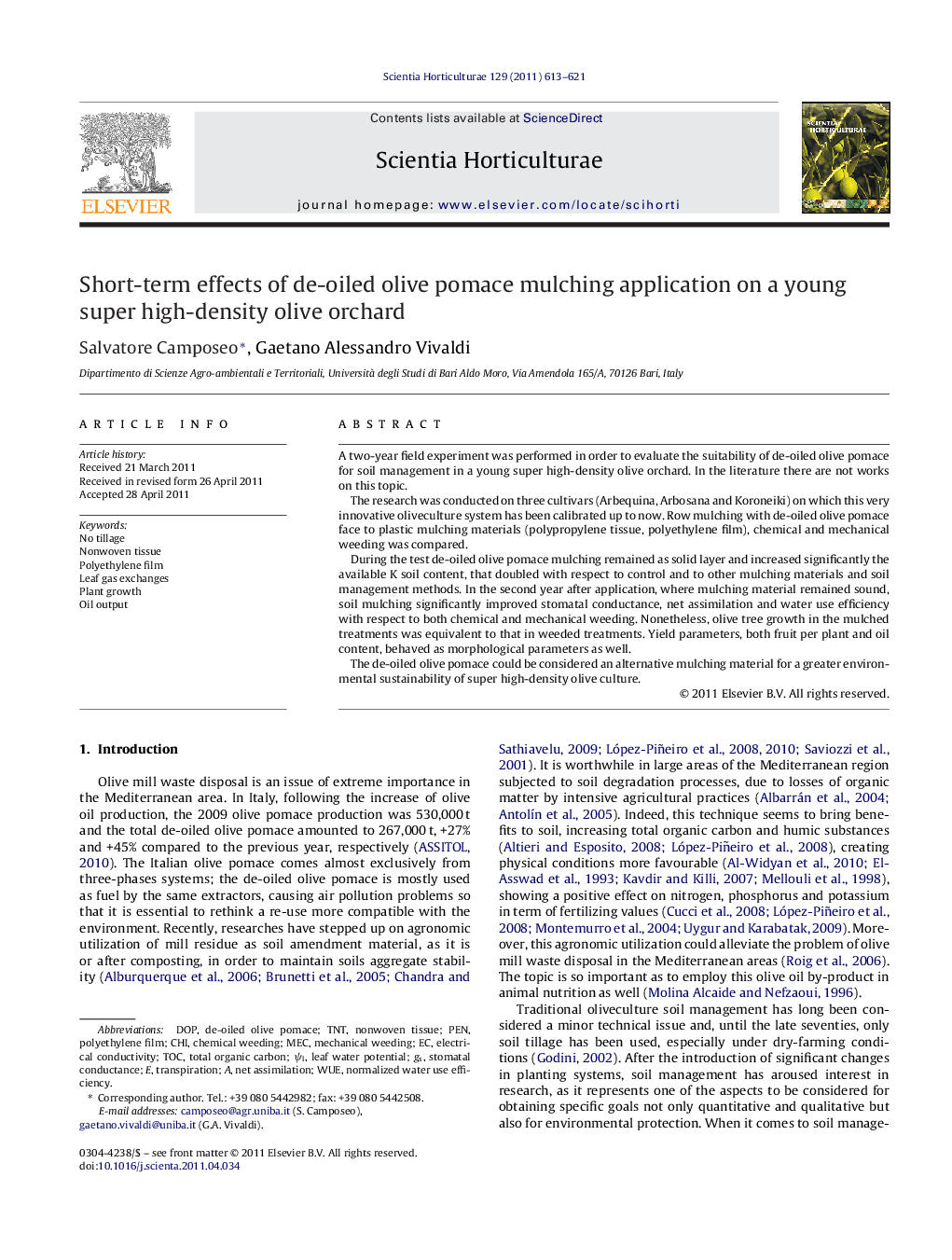 Short-term effects of de-oiled olive pomace mulching application on a young super high-density olive orchard