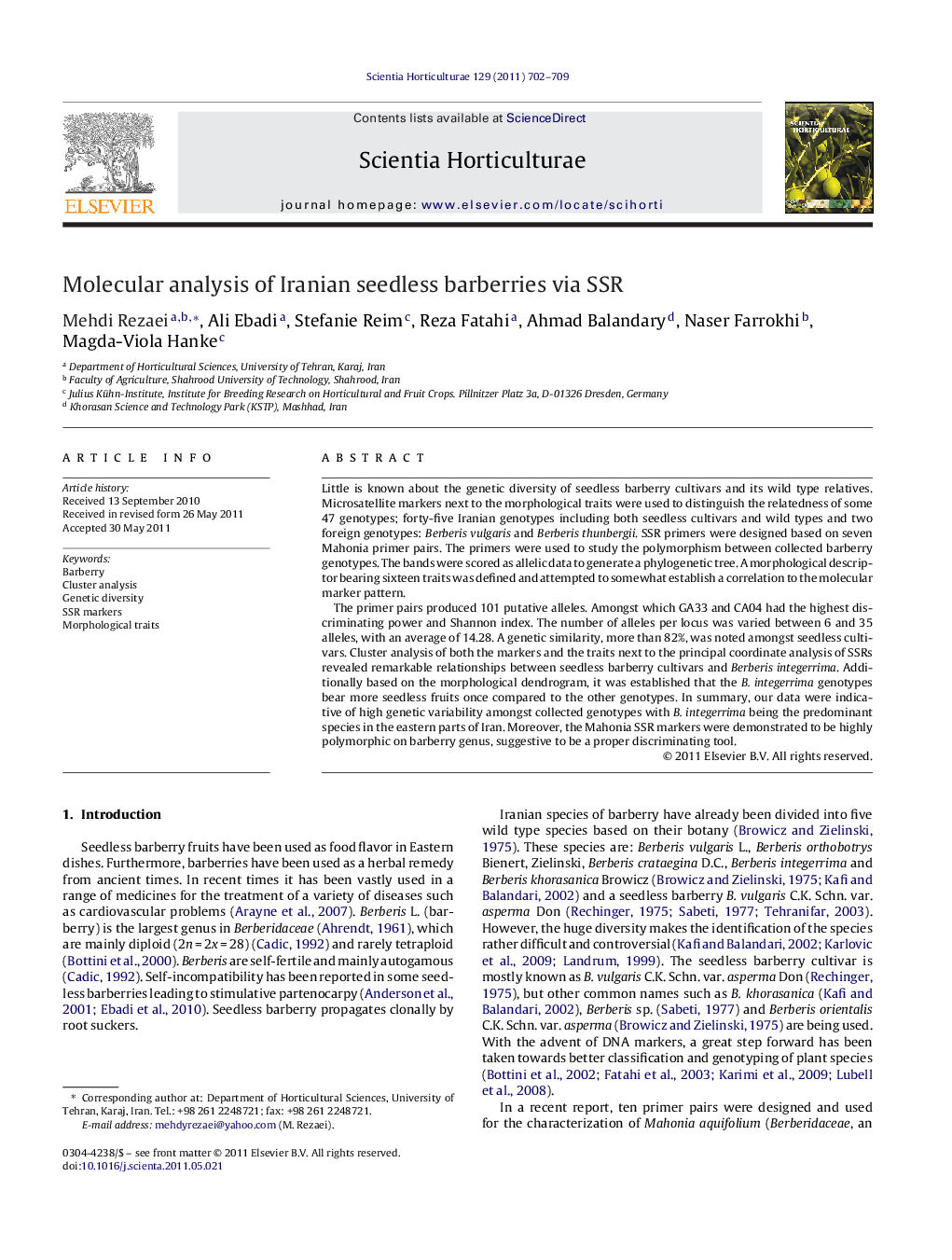 Molecular analysis of Iranian seedless barberries via SSR