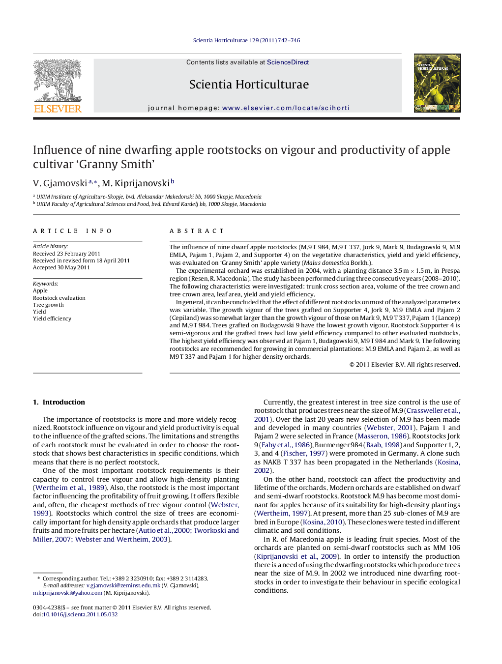 Influence of nine dwarfing apple rootstocks on vigour and productivity of apple cultivar ‘Granny Smith’