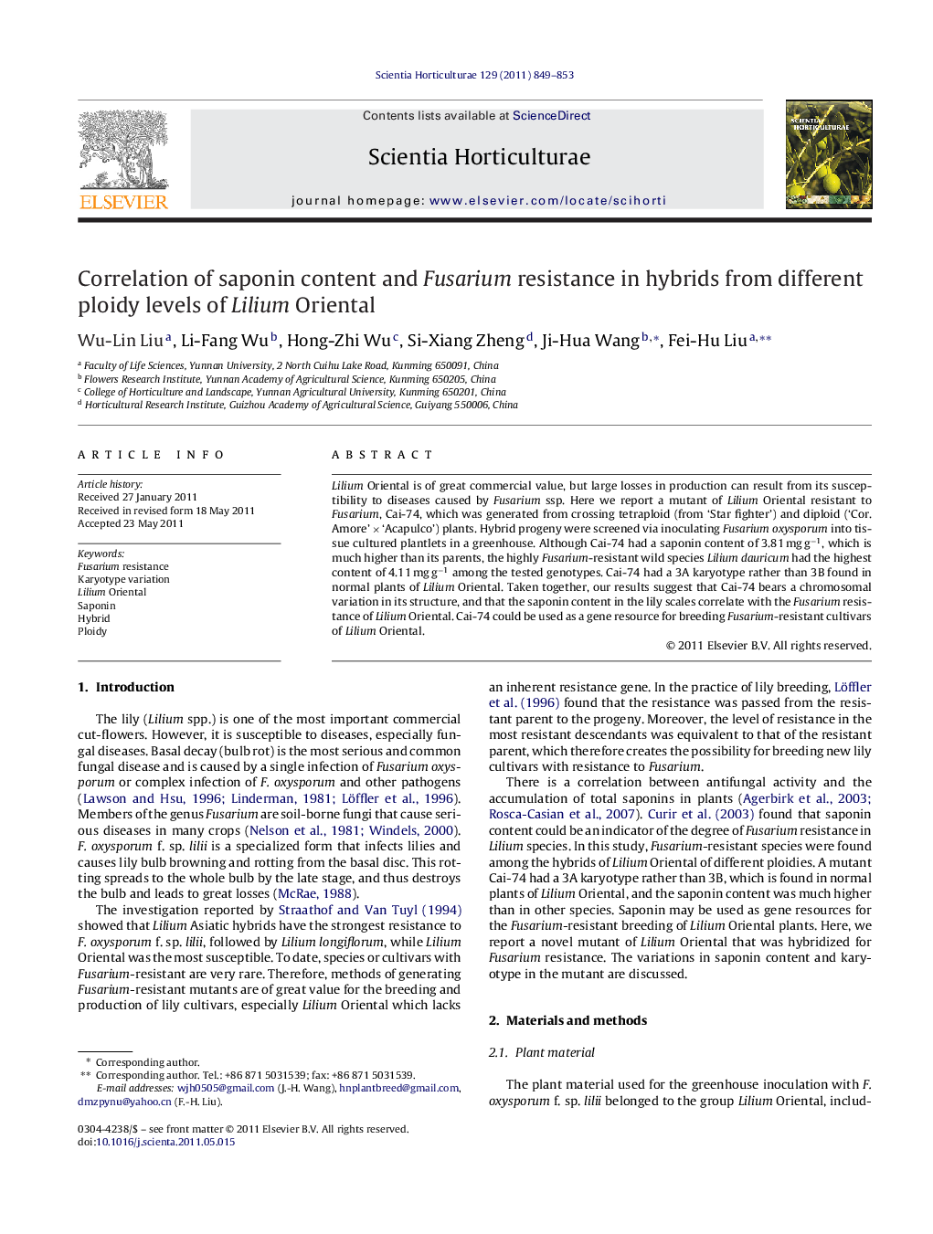 Correlation of saponin content and Fusarium resistance in hybrids from different ploidy levels of Lilium Oriental