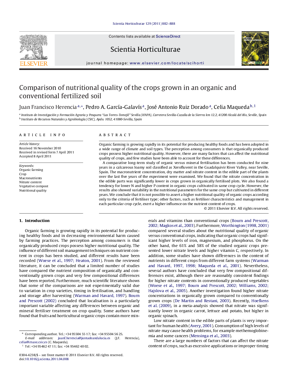 Comparison of nutritional quality of the crops grown in an organic and conventional fertilized soil