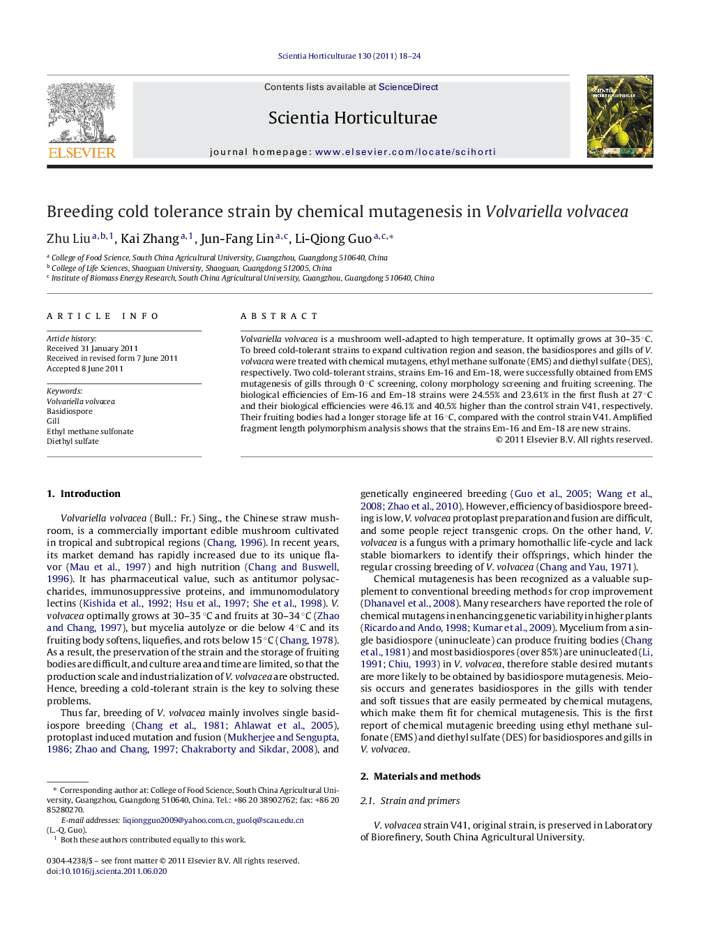 Breeding cold tolerance strain by chemical mutagenesis in Volvariella volvacea