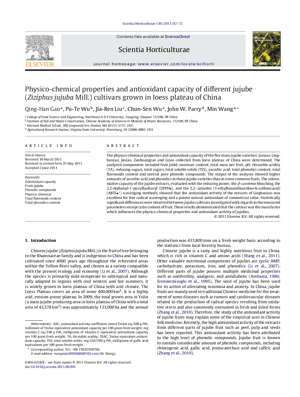 Physico-chemical properties and antioxidant capacity of different jujube (Ziziphus jujuba Mill.) cultivars grown in loess plateau of China