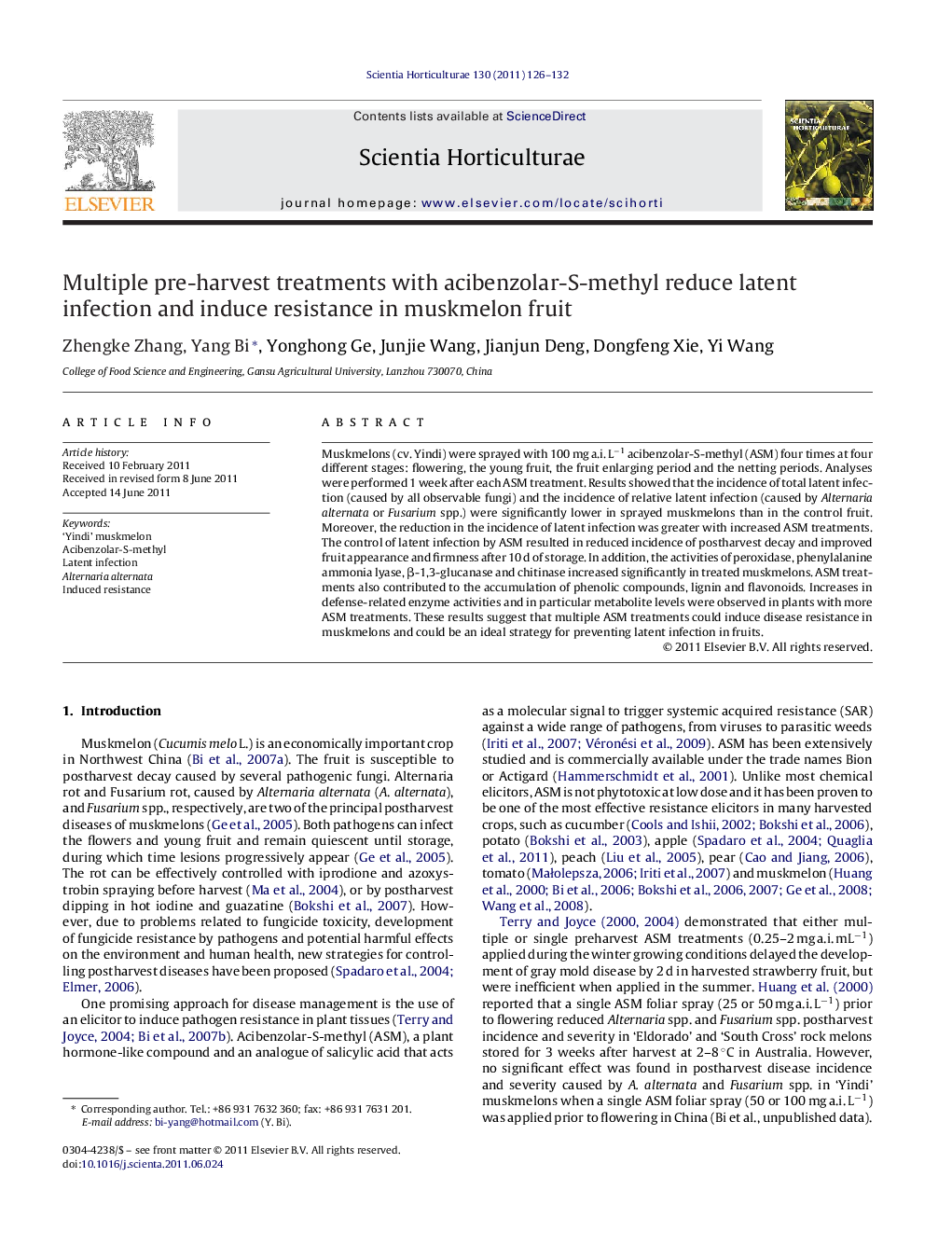 Multiple pre-harvest treatments with acibenzolar-S-methyl reduce latent infection and induce resistance in muskmelon fruit