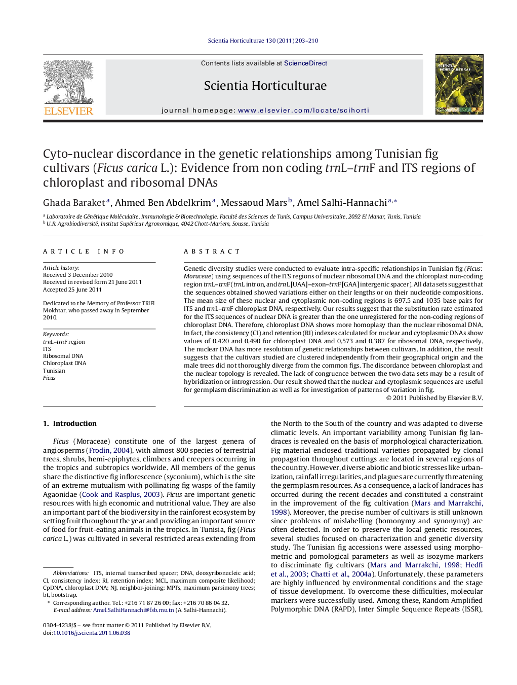 Cyto-nuclear discordance in the genetic relationships among Tunisian fig cultivars (Ficus carica L.): Evidence from non coding trnL–trnF and ITS regions of chloroplast and ribosomal DNAs