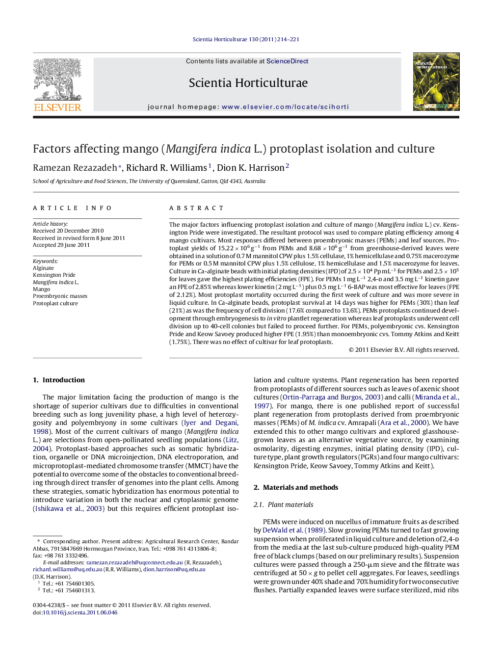 Factors affecting mango (Mangifera indica L.) protoplast isolation and culture