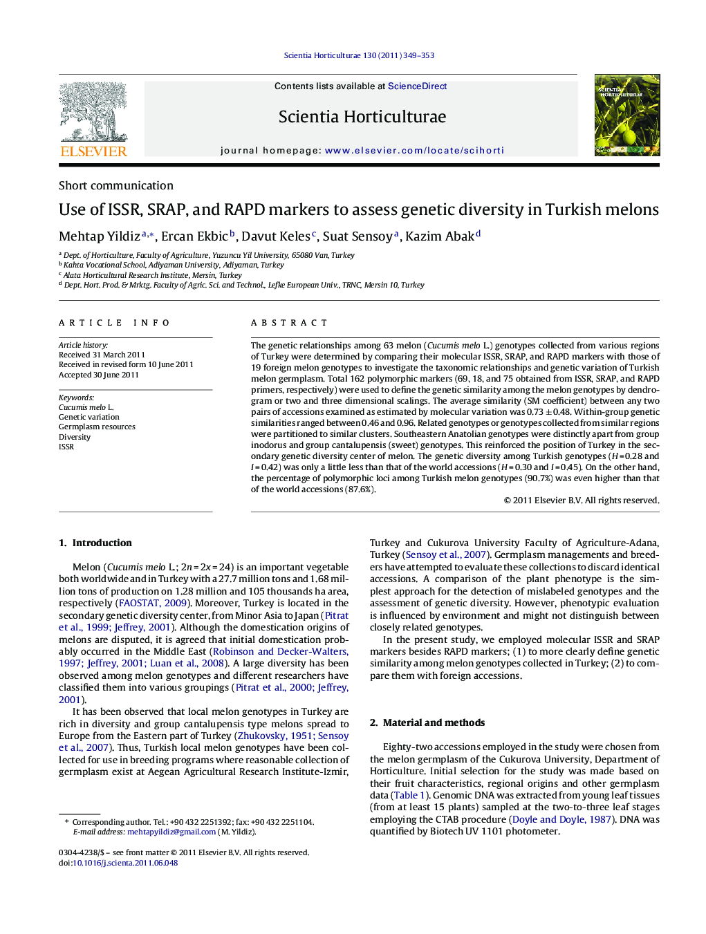 Use of ISSR, SRAP, and RAPD markers to assess genetic diversity in Turkish melons