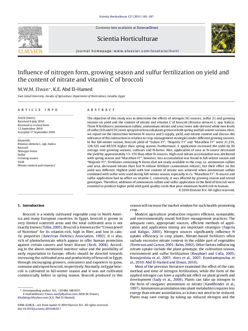 Influence of nitrogen form, growing season and sulfur fertilization on yield and the content of nitrate and vitamin C of broccoli