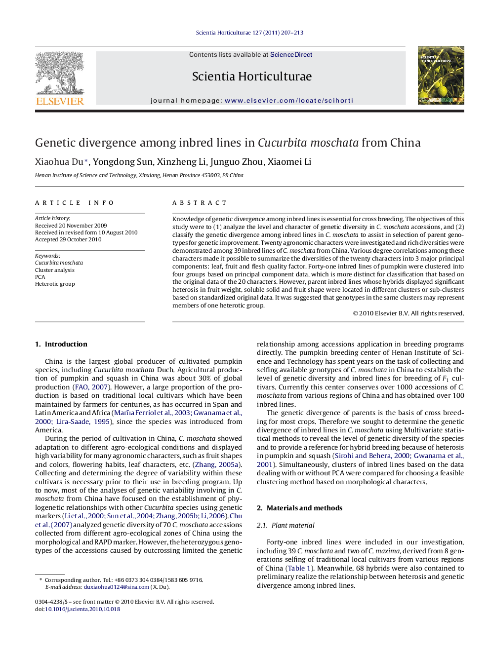 Genetic divergence among inbred lines in Cucurbita moschata from China