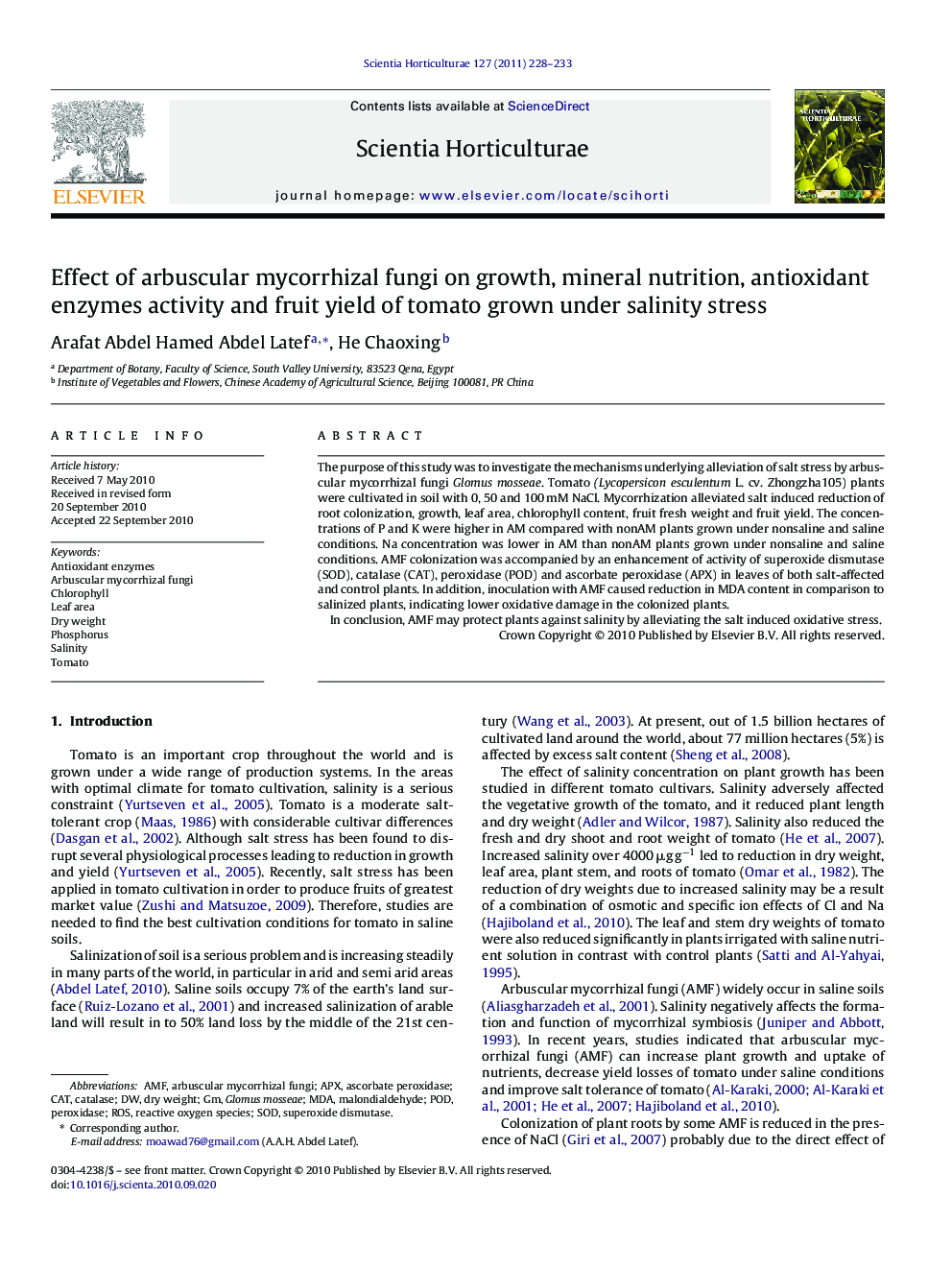 Effect of arbuscular mycorrhizal fungi on growth, mineral nutrition, antioxidant enzymes activity and fruit yield of tomato grown under salinity stress