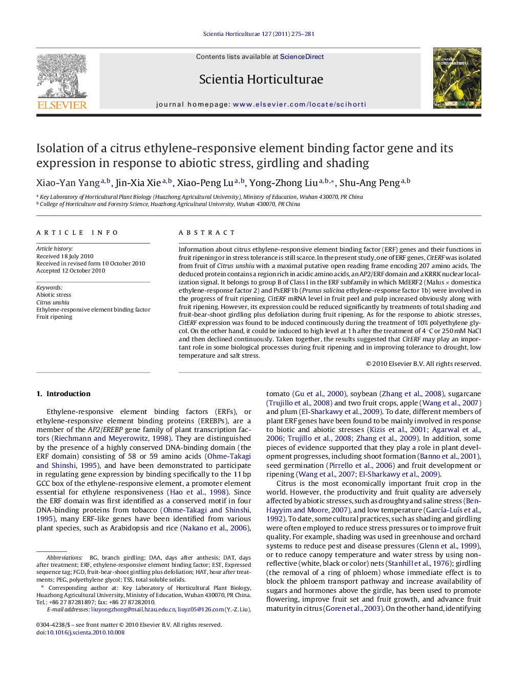 Isolation of a citrus ethylene-responsive element binding factor gene and its expression in response to abiotic stress, girdling and shading