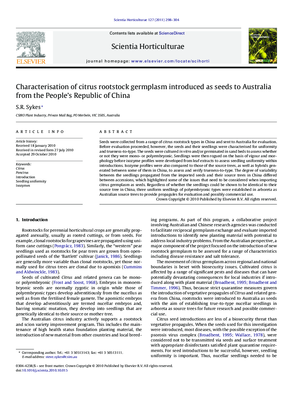 Characterisation of citrus rootstock germplasm introduced as seeds to Australia from the People's Republic of China