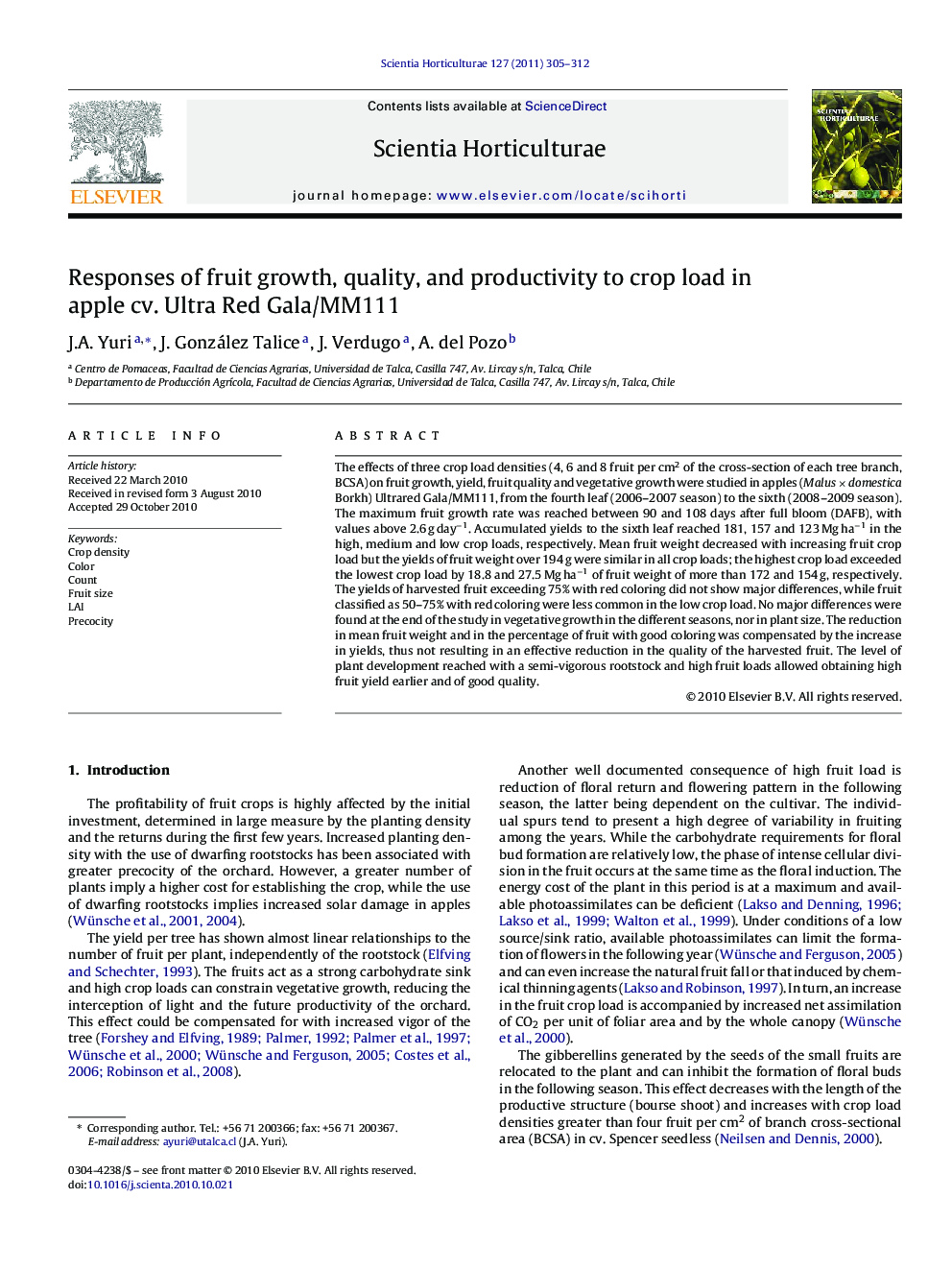 Responses of fruit growth, quality, and productivity to crop load in apple cv. Ultra Red Gala/MM111