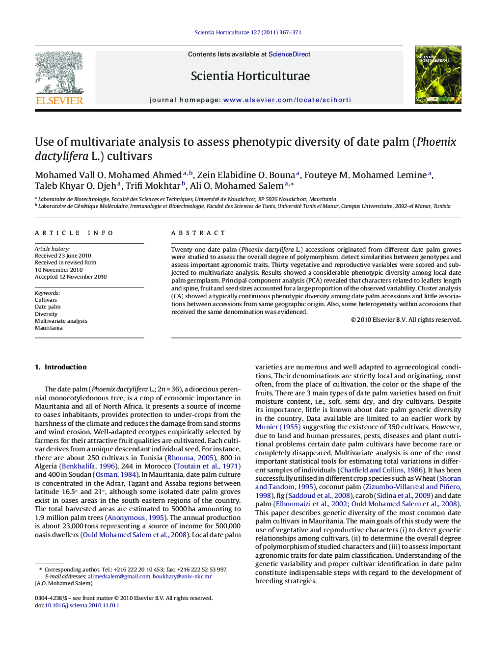 عکس صفحه اول مقاله: Use of multivariate analysis to assess phenotypic diversity of date palm (Phoenix dactylifera L.) cultivars Use of multivariate analysis to assess phenotypic diversity of date palm (Phoenix dactylifera L.) cultivars