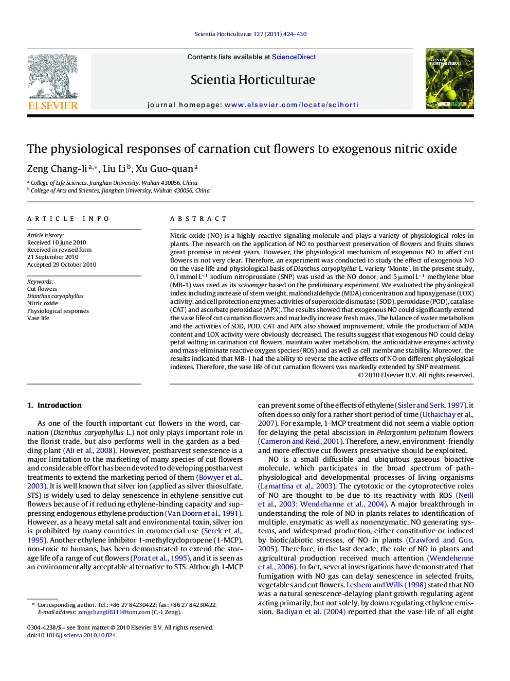 The physiological responses of carnation cut flowers to exogenous nitric oxide