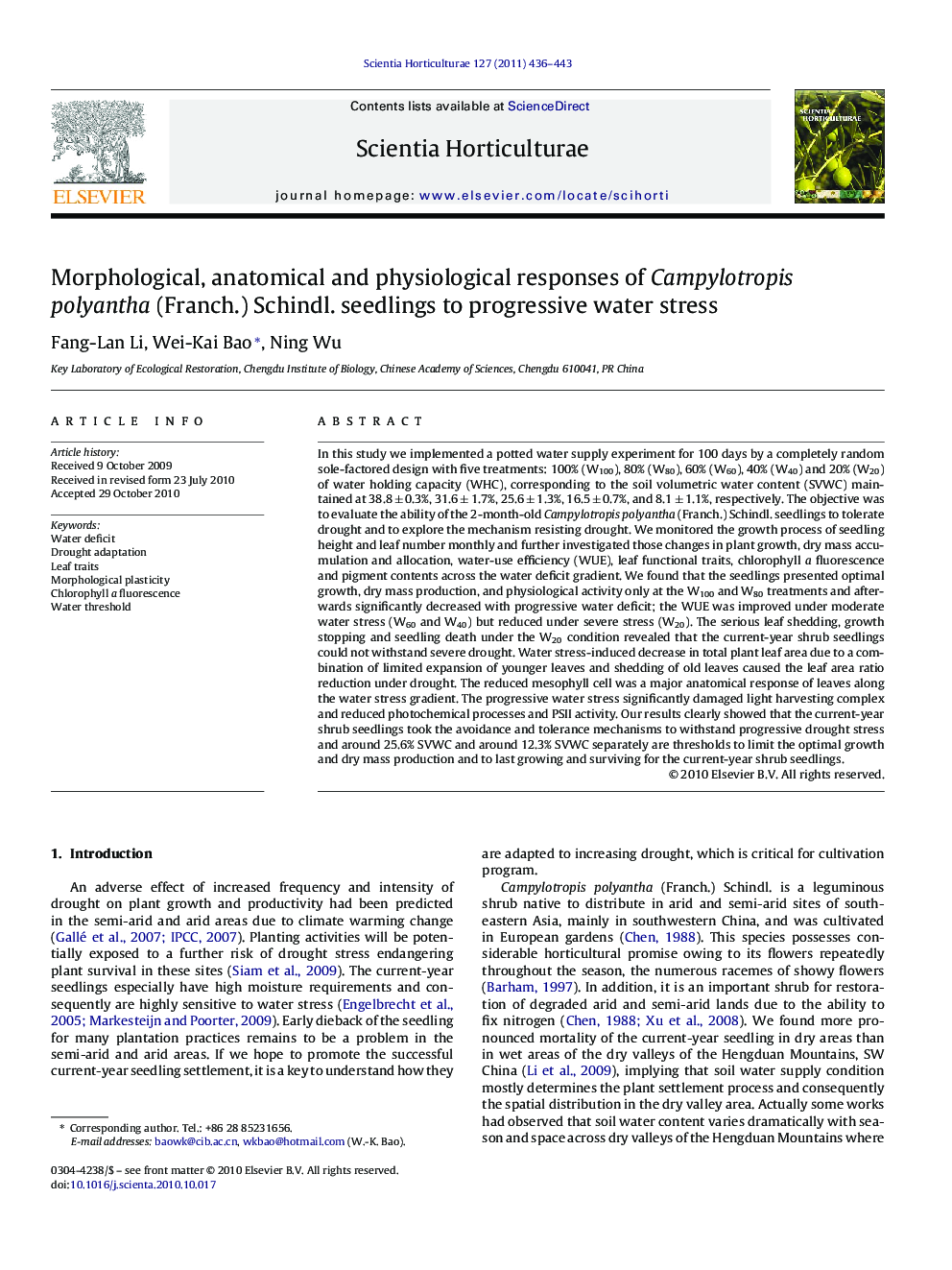 Morphological, anatomical and physiological responses of Campylotropis polyantha (Franch.) Schindl. seedlings to progressive water stress
