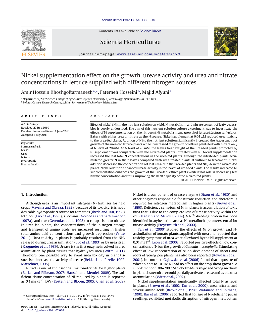 Nickel supplementation effect on the growth, urease activity and urea and nitrate concentrations in lettuce supplied with different nitrogen sources