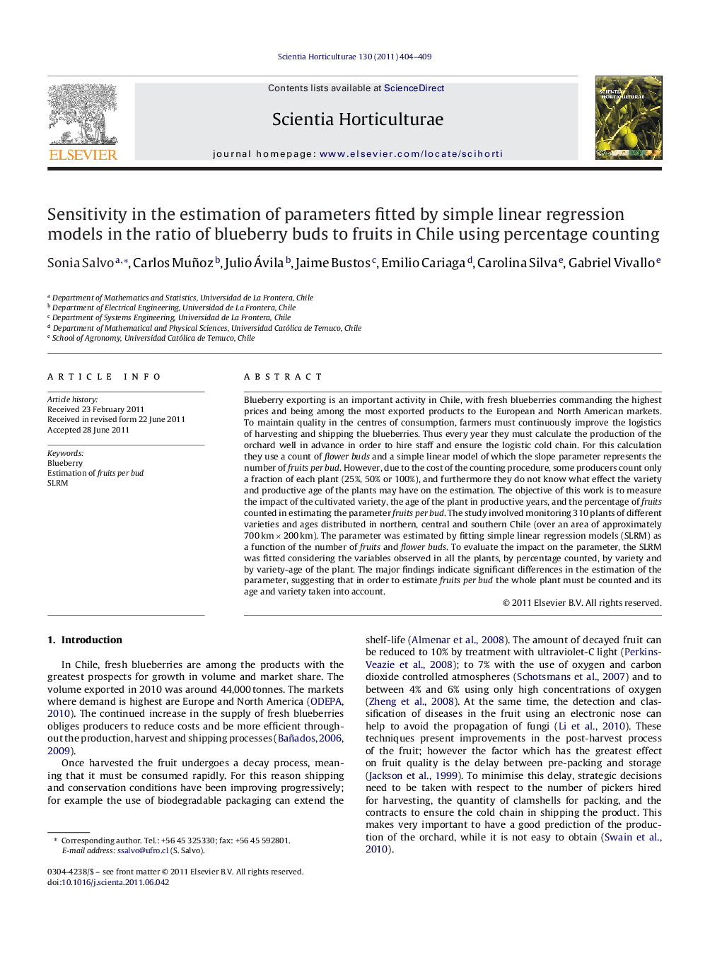 Sensitivity in the estimation of parameters fitted by simple linear regression models in the ratio of blueberry buds to fruits in Chile using percentage counting