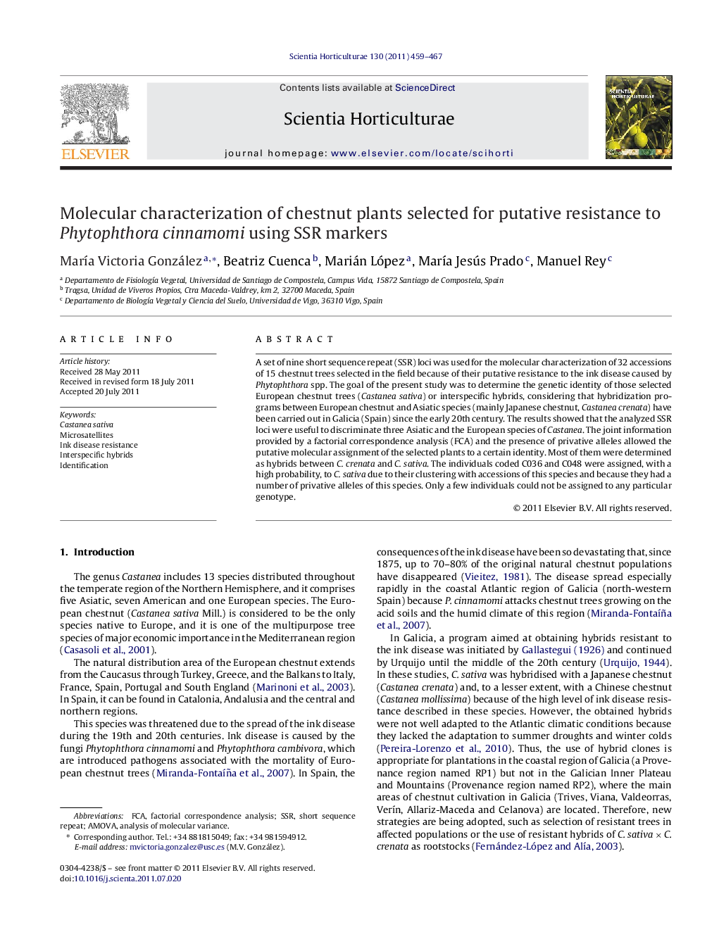 Molecular characterization of chestnut plants selected for putative resistance to Phytophthora cinnamomi using SSR markers