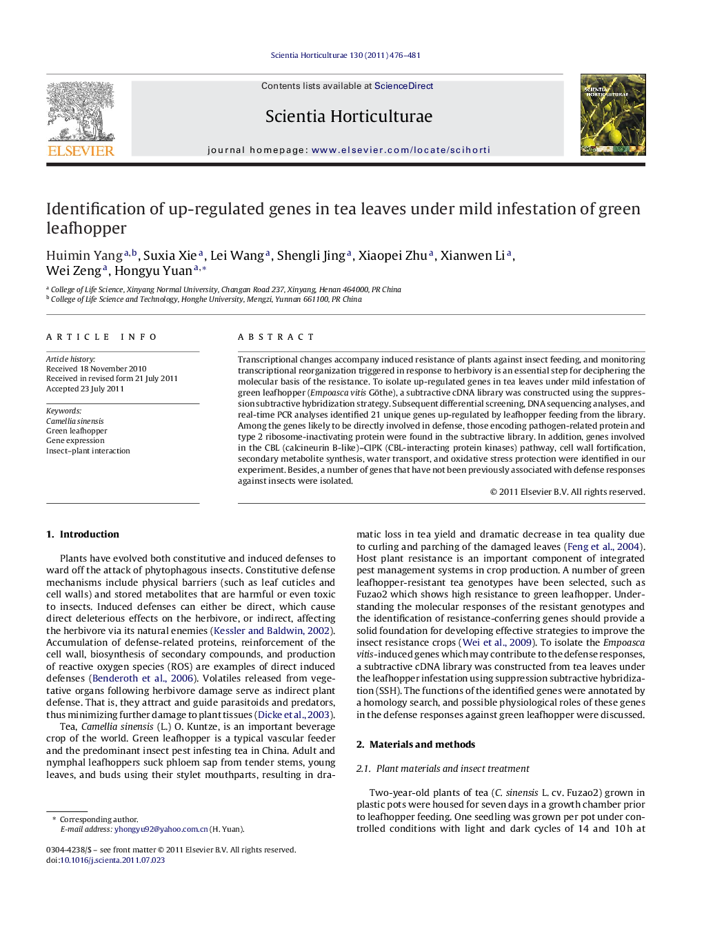 Identification of up-regulated genes in tea leaves under mild infestation of green leafhopper