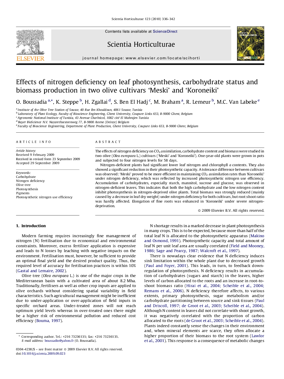 Effects of nitrogen deficiency on leaf photosynthesis, carbohydrate status and biomass production in two olive cultivars ‘Meski’ and ‘Koroneiki’