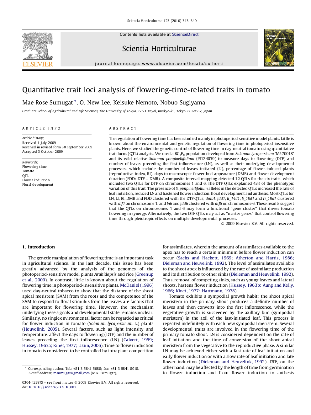 Quantitative trait loci analysis of flowering-time-related traits in tomato