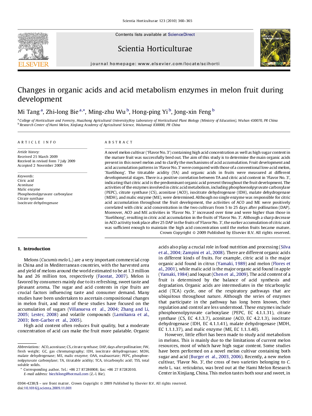 عکس صفحه اول مقاله: Changes in organic acids and acid metabolism enzymes in melon fruit during development Changes in organic acids and acid metabolism enzymes in melon fruit during development