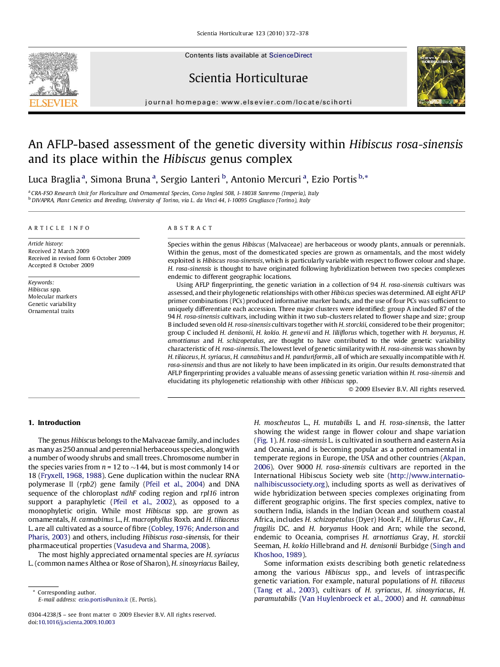 An AFLP-based assessment of the genetic diversity within Hibiscus rosa-sinensis and its place within the Hibiscus genus complex