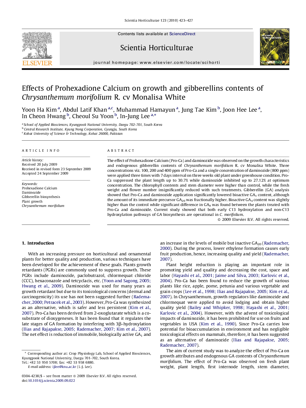 Effects of Prohexadione Calcium on growth and gibberellins contents of Chrysanthemum morifolium R. cv Monalisa White